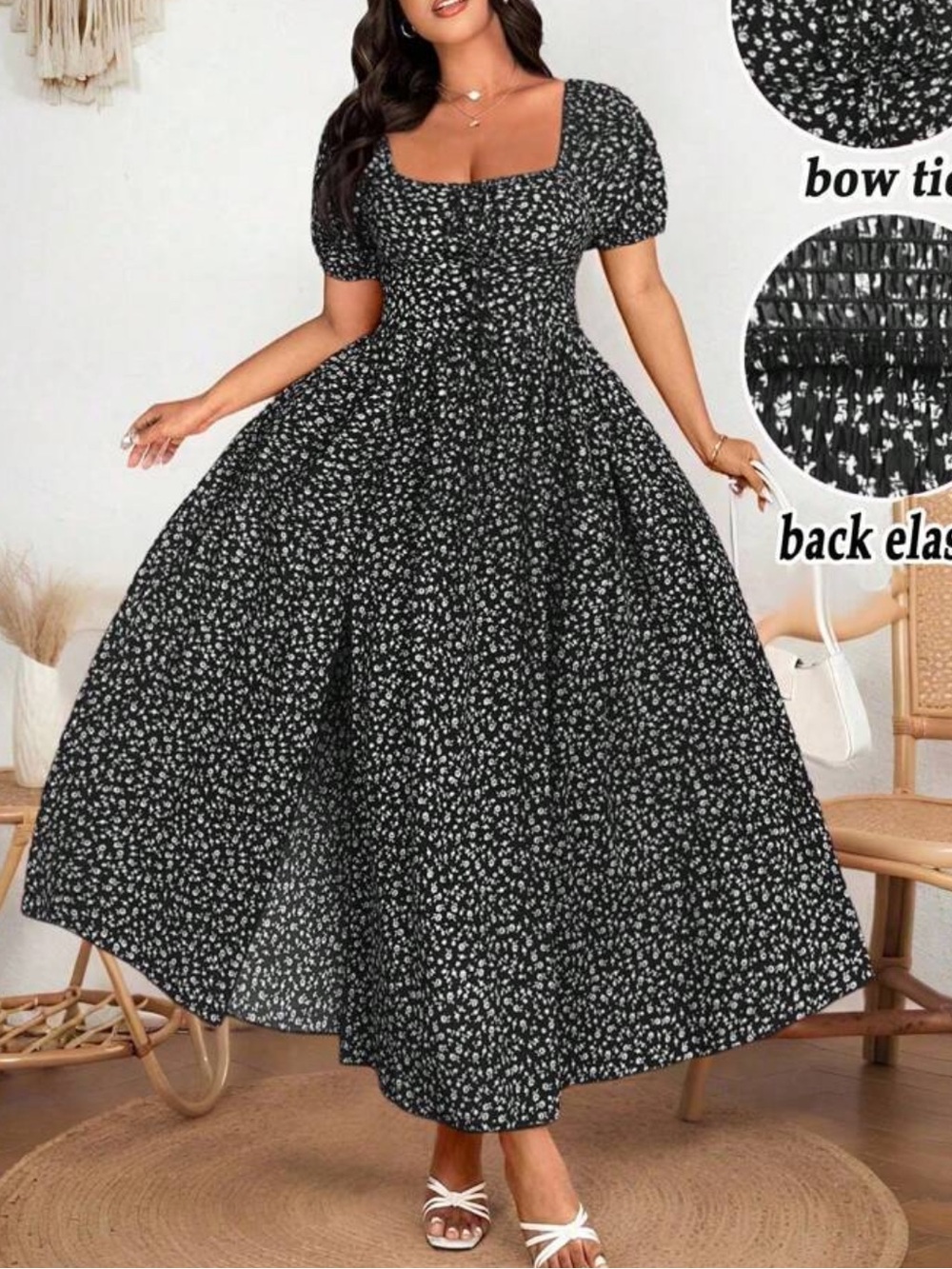 SHEIN Black Floral Square-Neck Maxi Dress